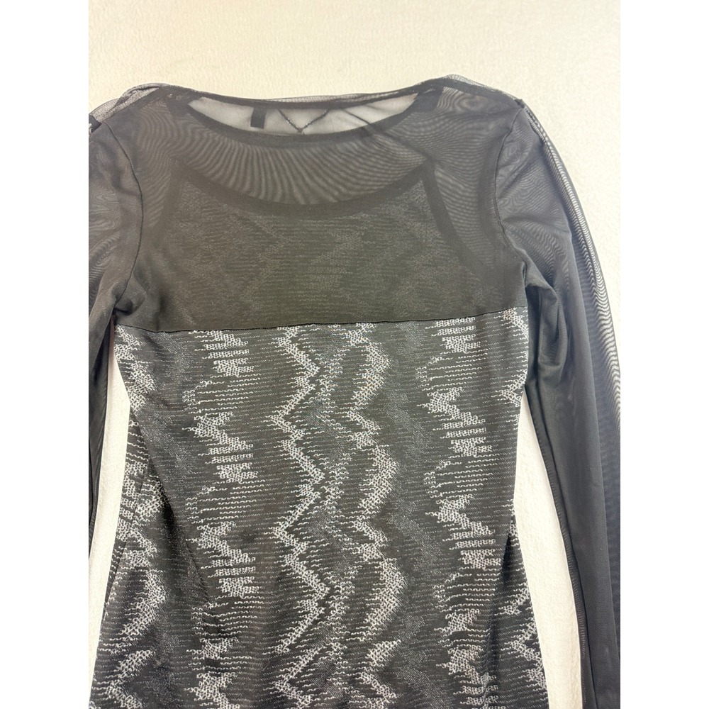 BKE Boutique Long Sleeve Mesh Top Black Silver Geometric Pattern Party - Picture 10 of 10